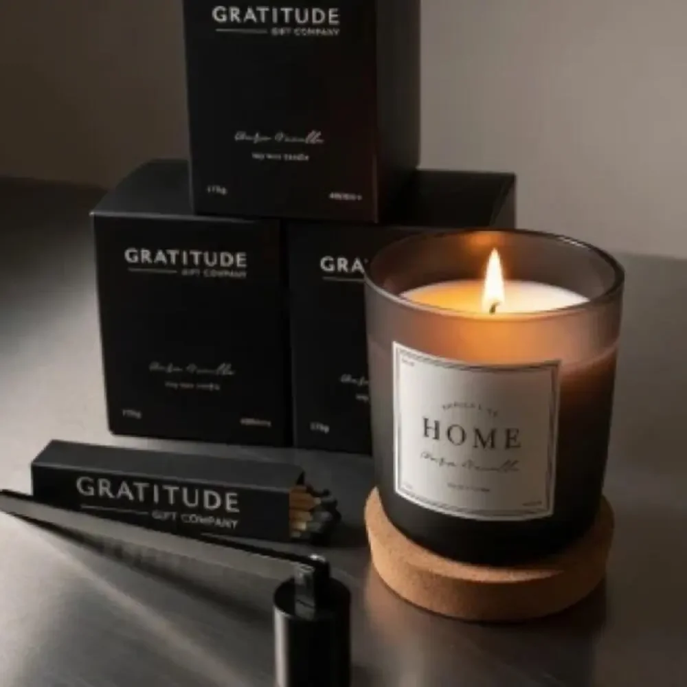 NEW GRATITUDE Warm Vanilla Glass Candle Match Box Matte Black Snuffer Gift Set